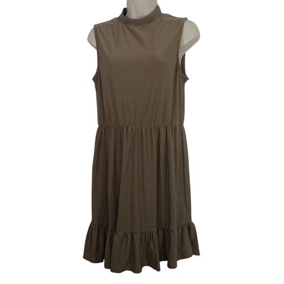 As you Wish Sleeveless Tan Tiered Dress Women Size M Ruffle Hem High Neck - Picture 1 of 10